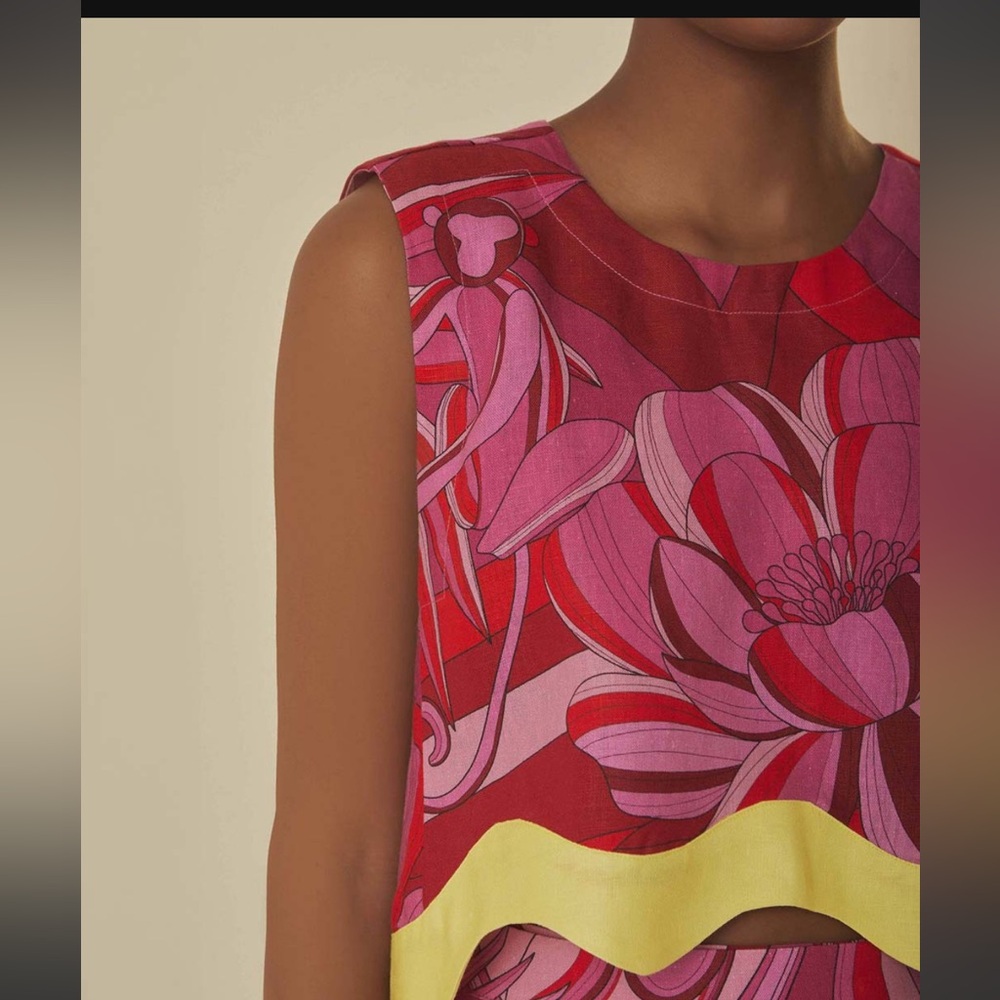 FARM Rio “Red Endless Summer Top” Rio w/ Pink & Yellow, Asymmetrical Crop Blouse